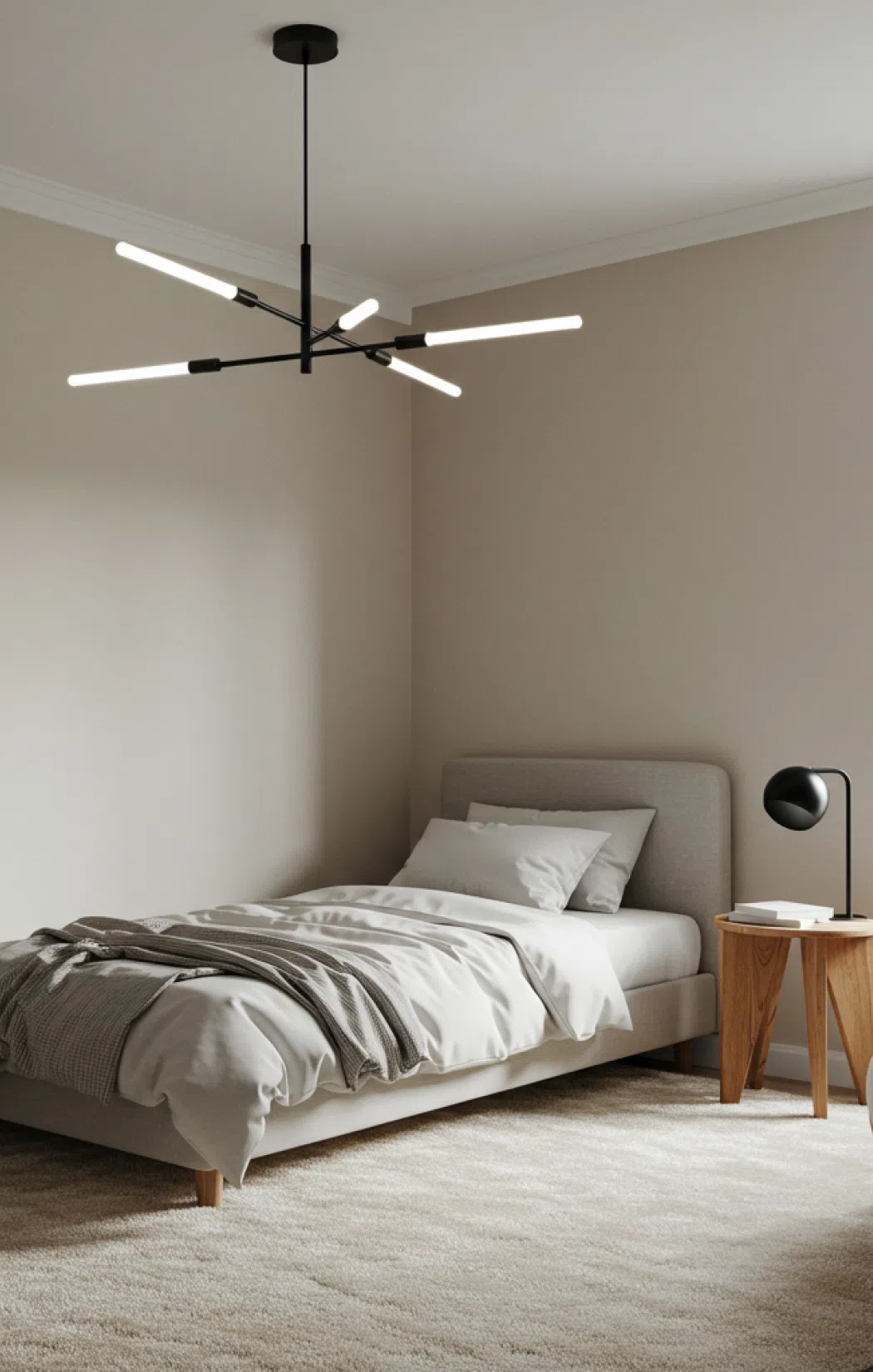 Светлая спальня в минималистичном стиле с серой односпальной кроватью.