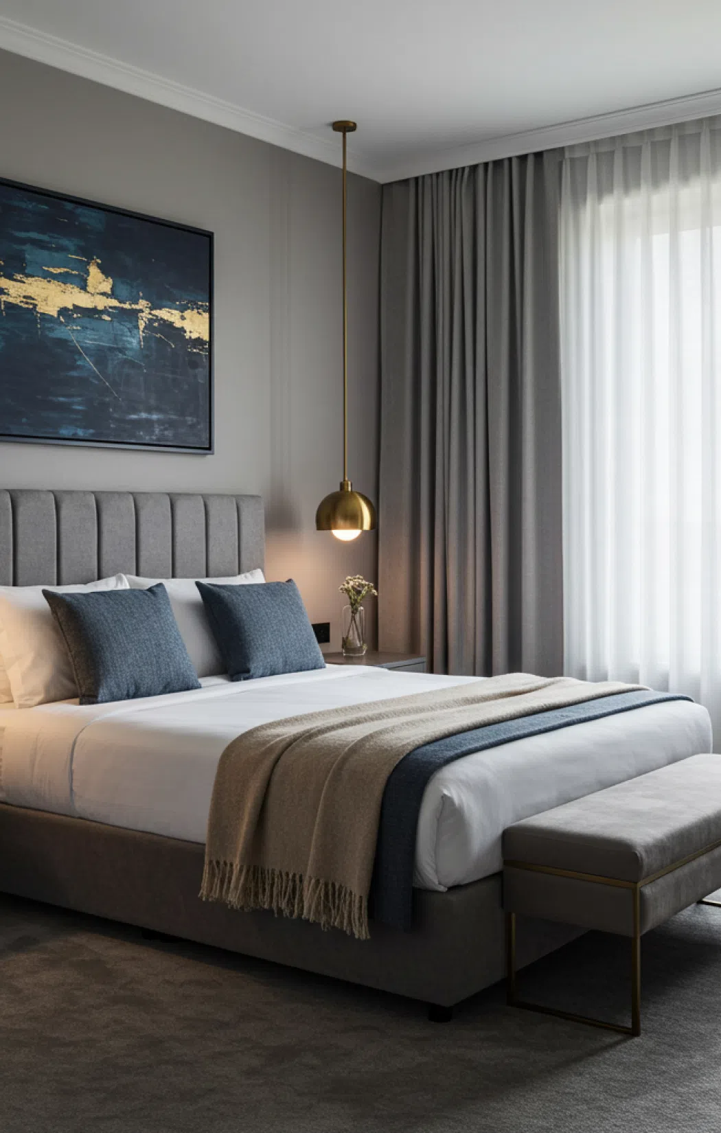 Стильная гостевая спальня с мягкой серой кроватью.