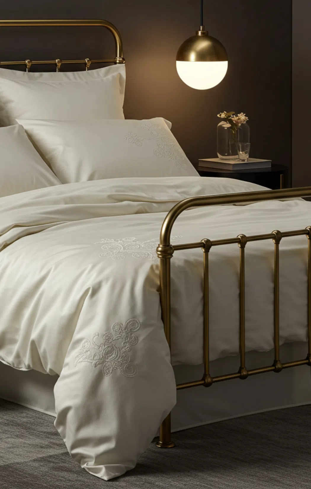 Элегантная кровать с металлическим каркасом в бронзовом оттенке.