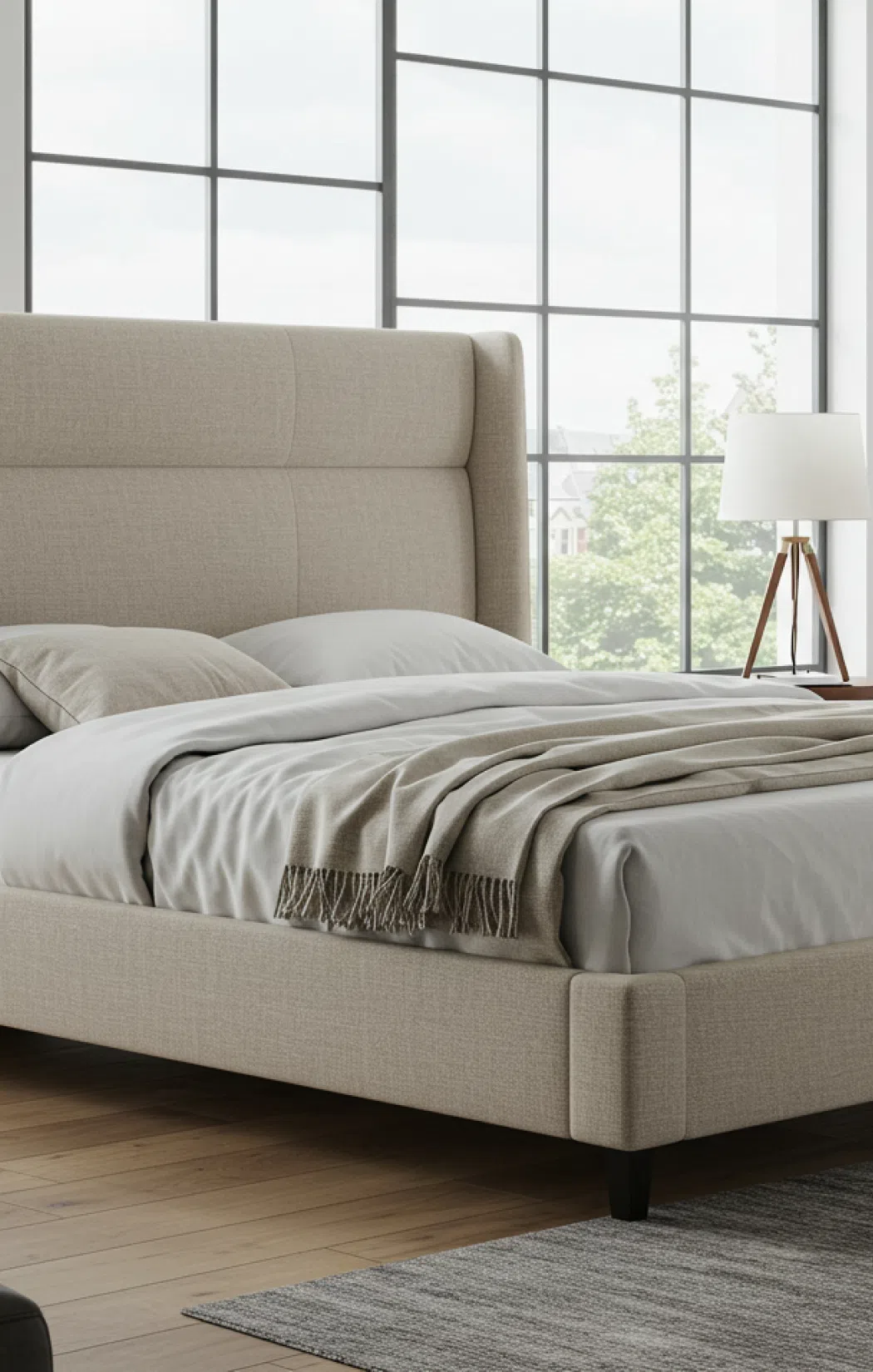 Двуспальная кровать с роскошной обивкой Бежевая двуспальная кровать с деревянным каркасом и изголовьем, обитым букле.