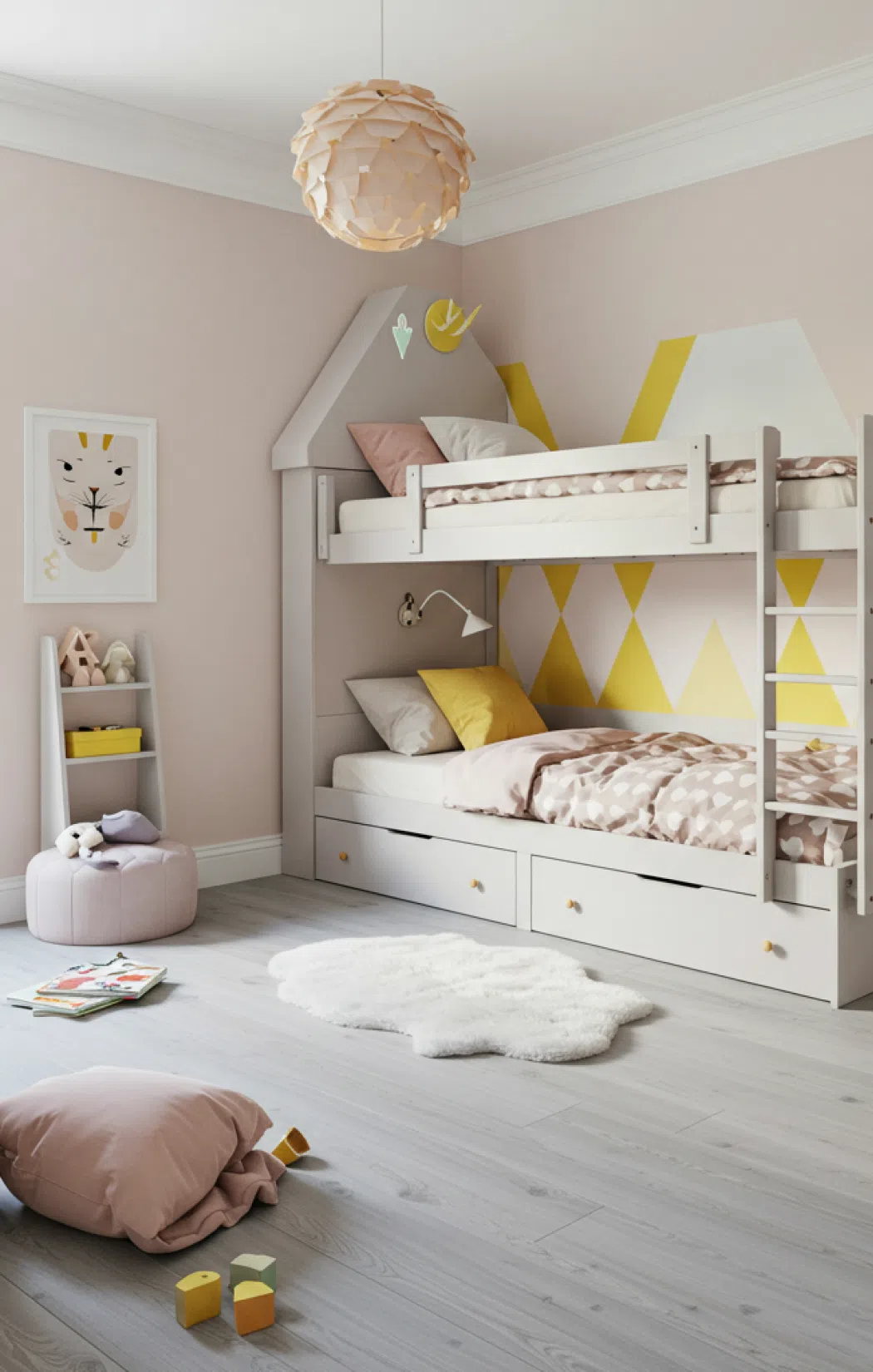 Светлая детская комната с двухъярусной кроватью, украшенная желтыми геометрическими узорами и розовыми акцентными элементами.