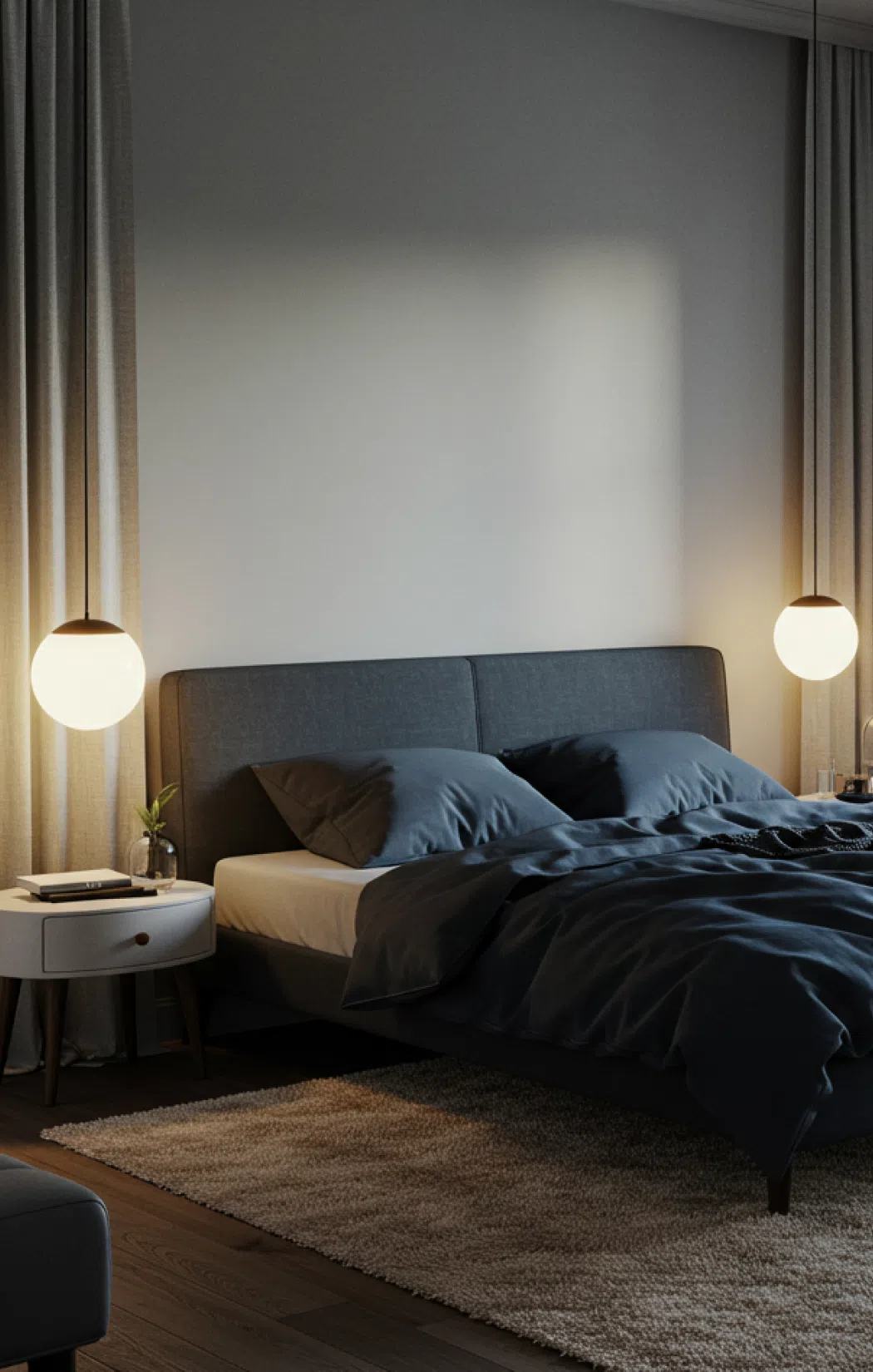 Минималистичная комната с двуспальной кроватью Минималистичный современный интерьер, где стильная двуспальная кровать является центральным элементом.