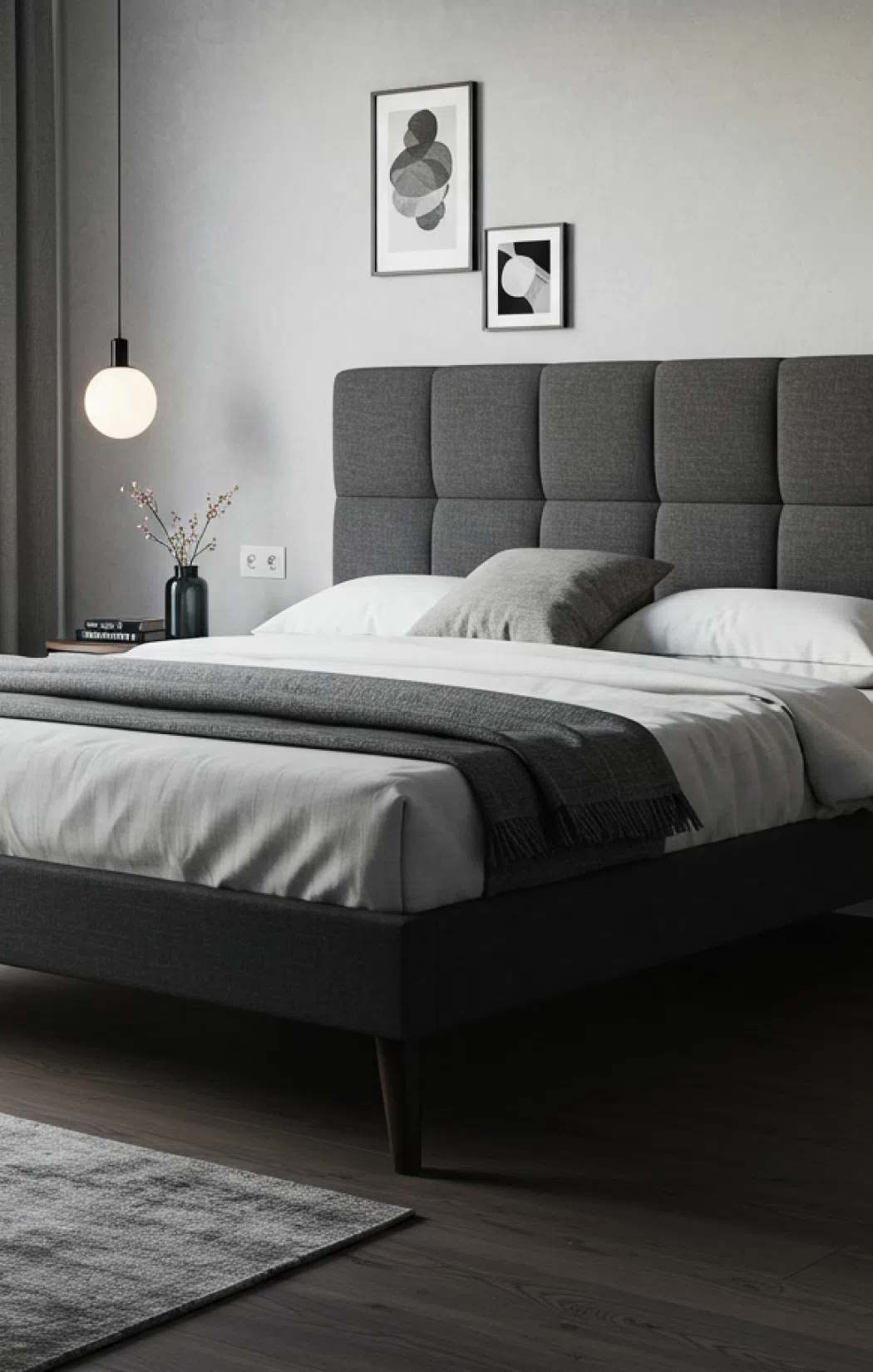 Современная спальня с кроватью обитой серой роскошной тканью.