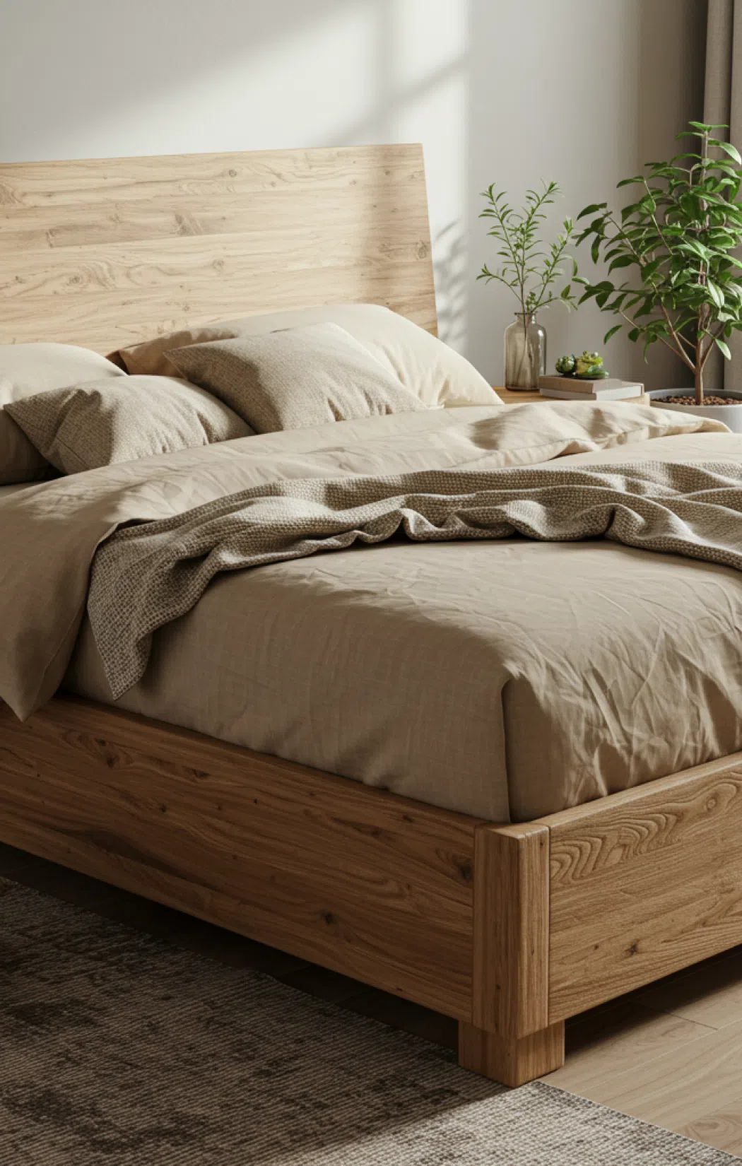 Уютная деревянная кровать Уютная спальня с большой деревянной кроватью из светлого дерева.