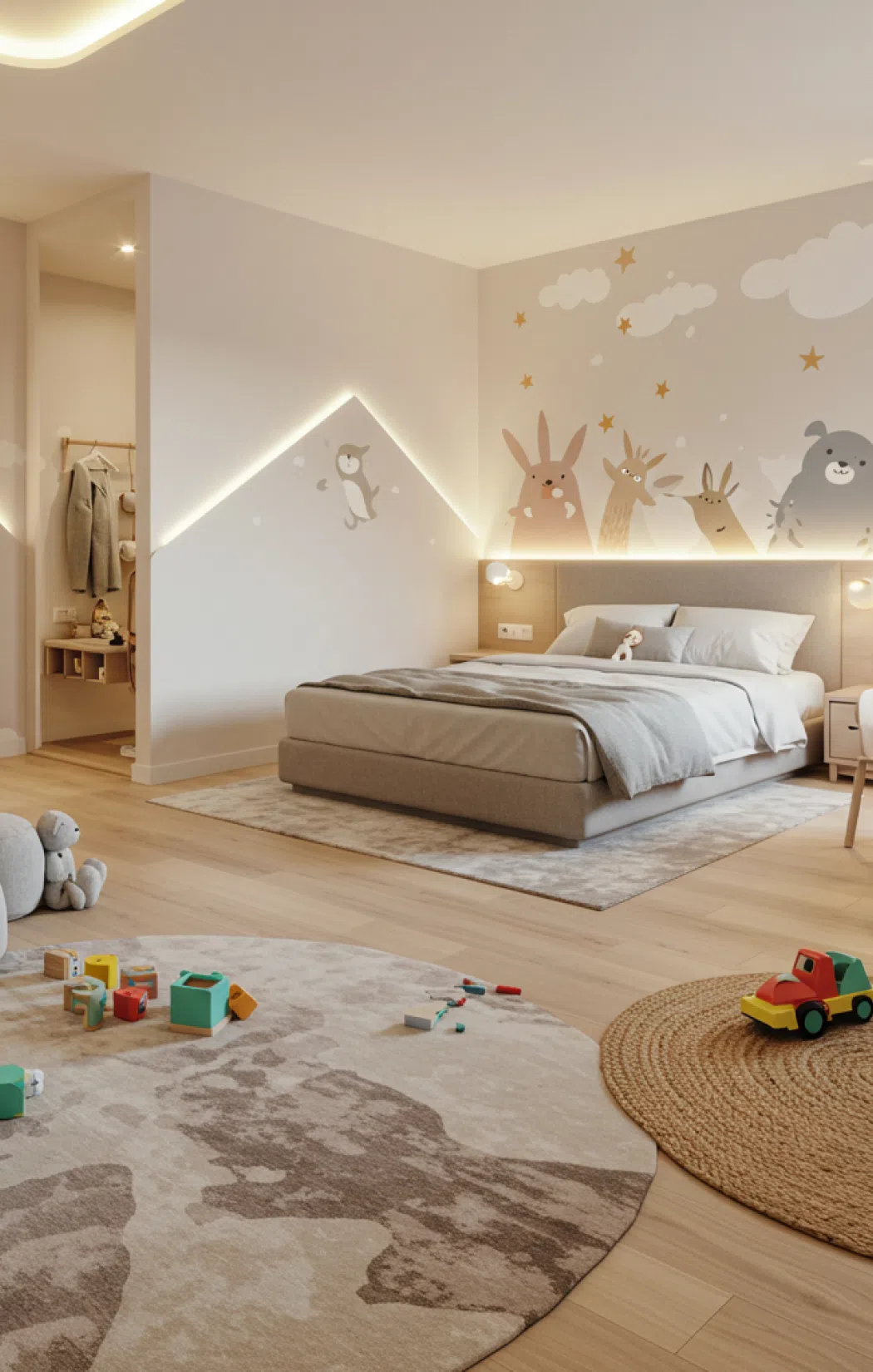 Уютная детская спальня с двуспальной кроватью Просторная детская спальня с большой двуспальной кроватью, украшенная рисунками животных и облаков.