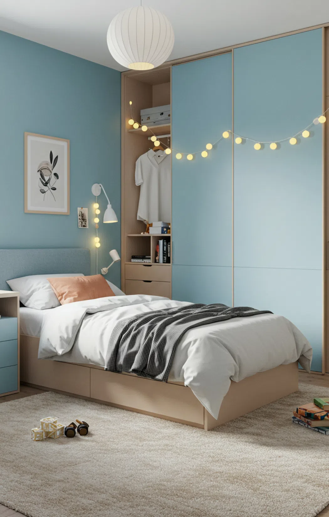 Стильная спальня для подростка Небольшая уютная спальня с голубыми стенами и уютной односпальной кроватью.