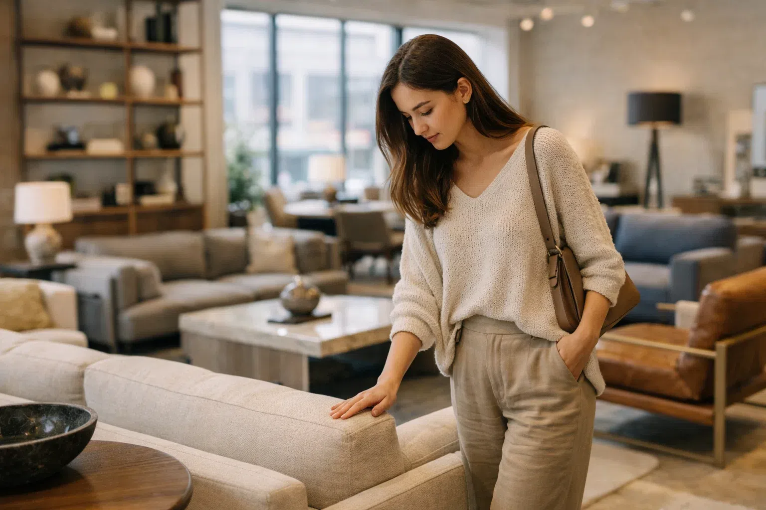 Девушка в дизайнерском мебельном шоуруме выбирает премиальный диван