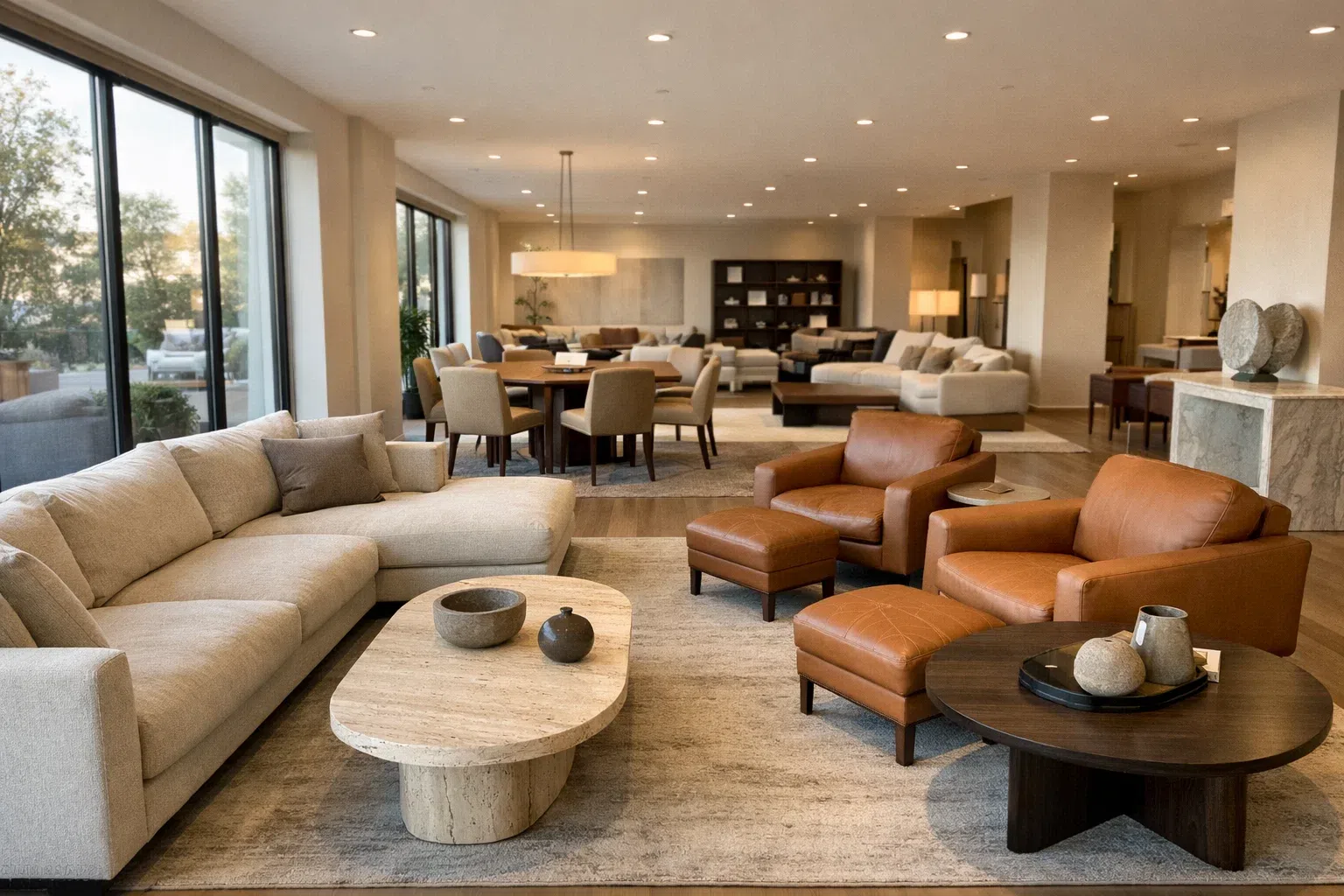 Шоурум люксовой мебели для гостиной Современный мебельный шоурум с предметами мебели премиум-класса для гостиной