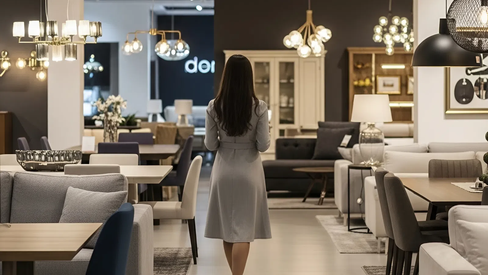 Девушка выбирает мебель в шоуруме премиум-класса Девушка идет по просторному шоуруму премиум-класса, выбирая мебель.