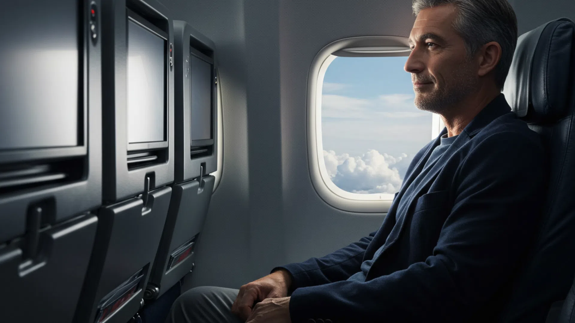 Мужчина в самолете отправляется в мебельный тур.