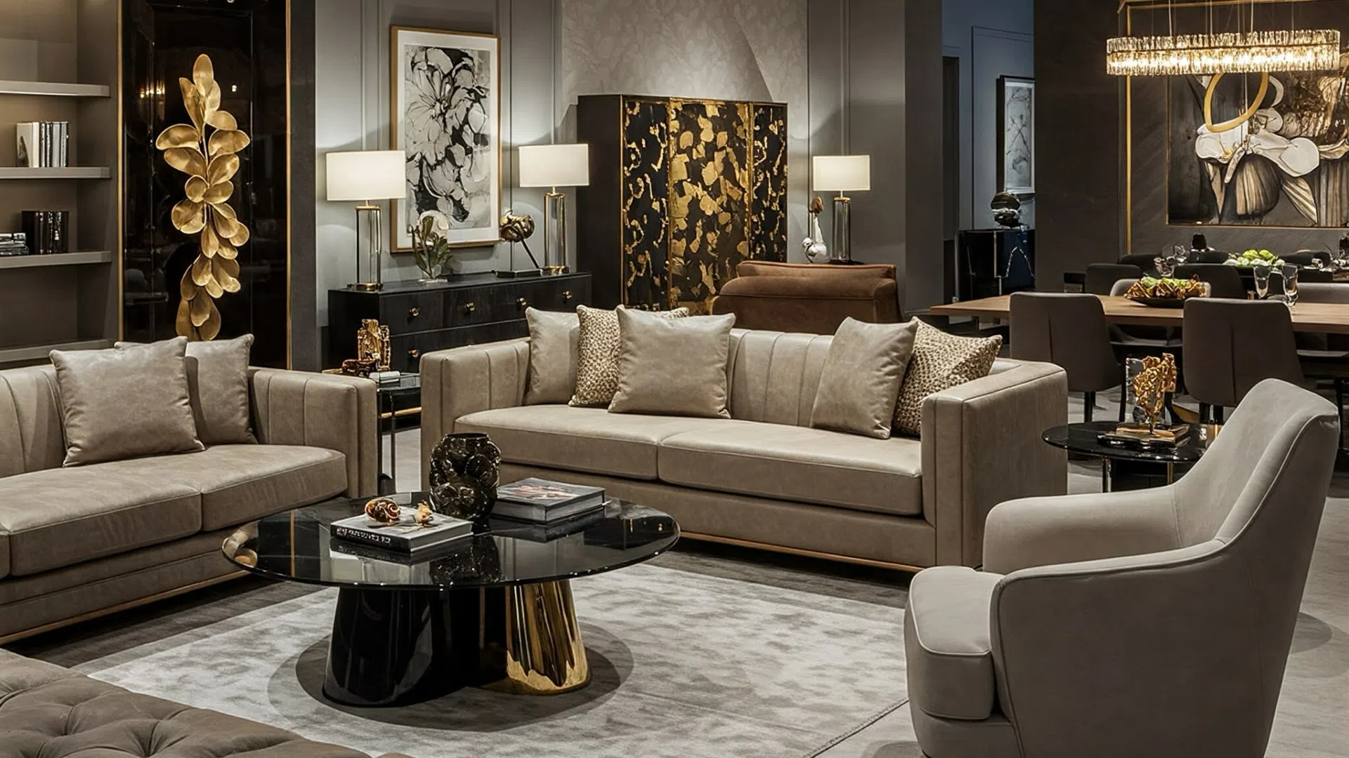 Элегантный шоурум с мягкой мебелью премиум-класса в бежевых тонах.
