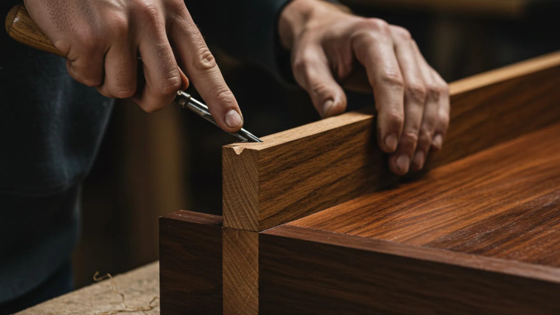 Крупный план рук плотника, использующего стамеску для обработки деревянной заготовки.