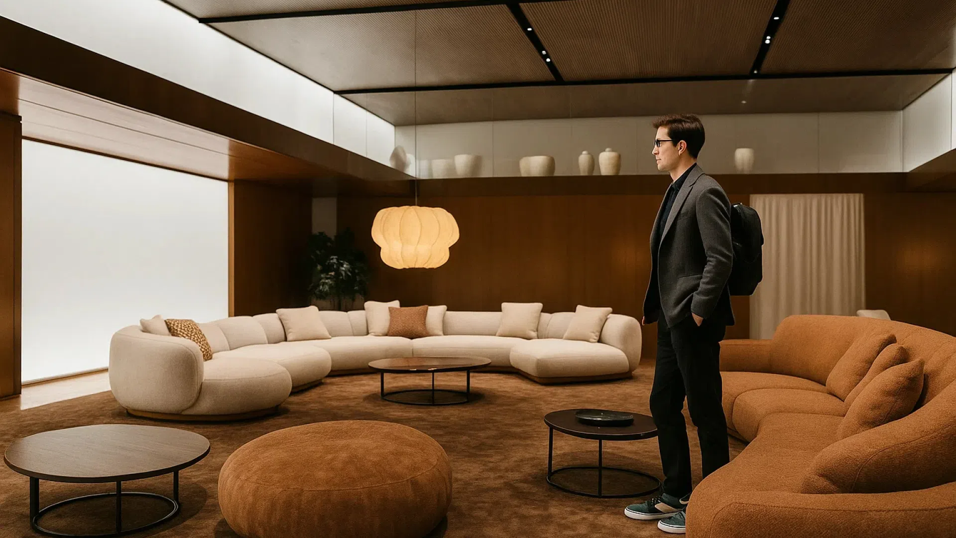 Стильный современный шоурум с дизайнерской мебелью Современный мебельный шоурум с дизайнерскими диванами, кофейными столиками и мягким освещением