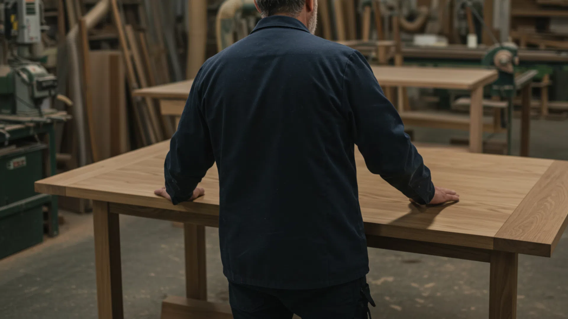 Человек в рабочей одежде, стоящий у большого деревянного стола на мебельной фабрике.