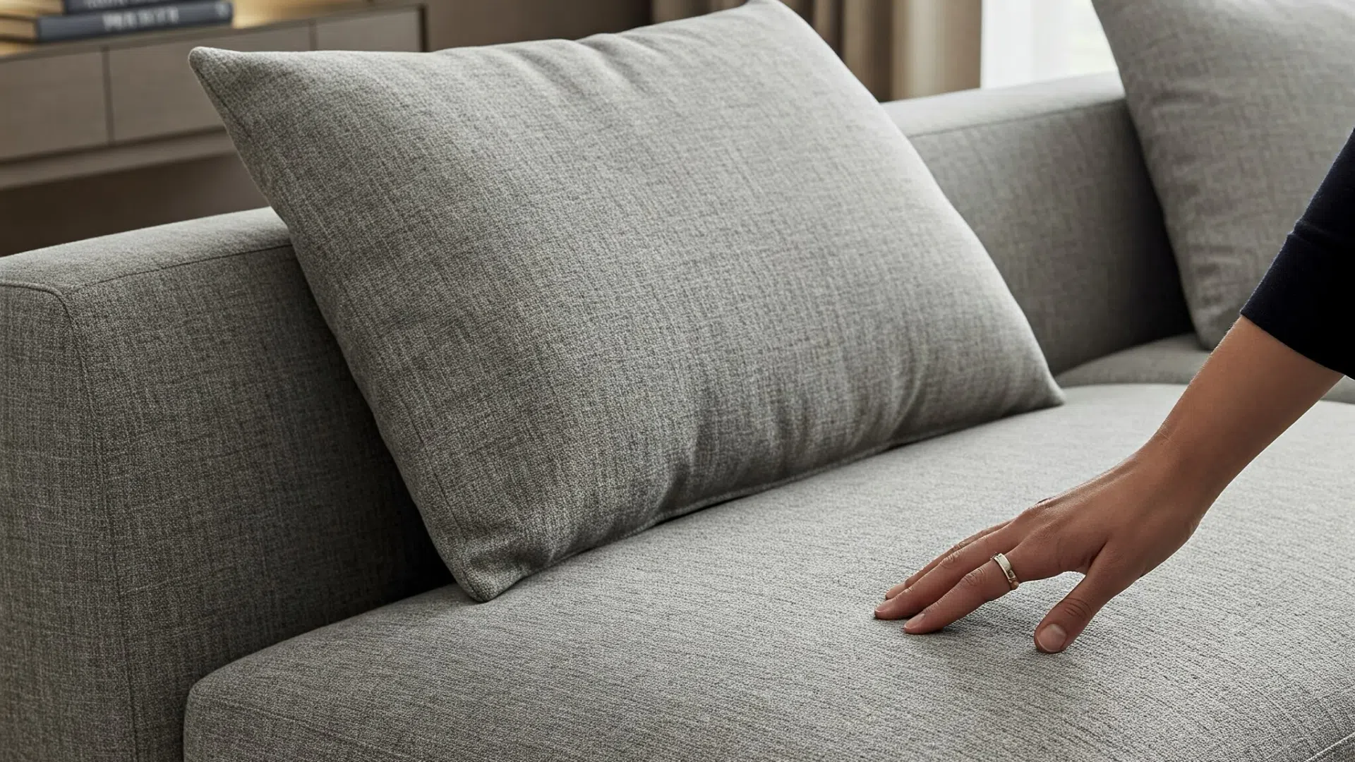 Девушка касается мягкой серой подушки на современном диване. На изображении виден элегантный силуэт и текстура ткани.