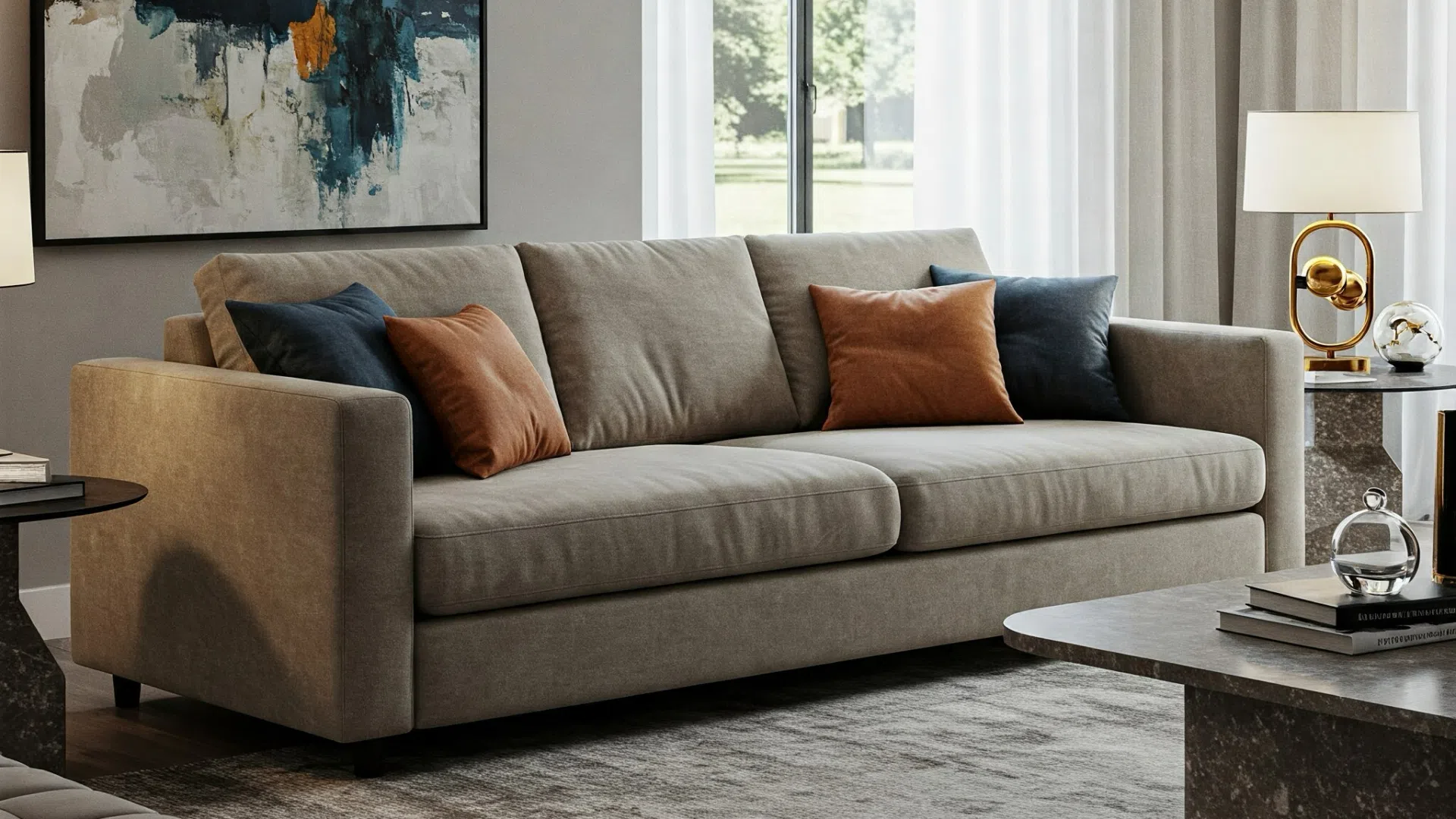 Стильный бежевый диван с декоративными подушками в современной гостиной.