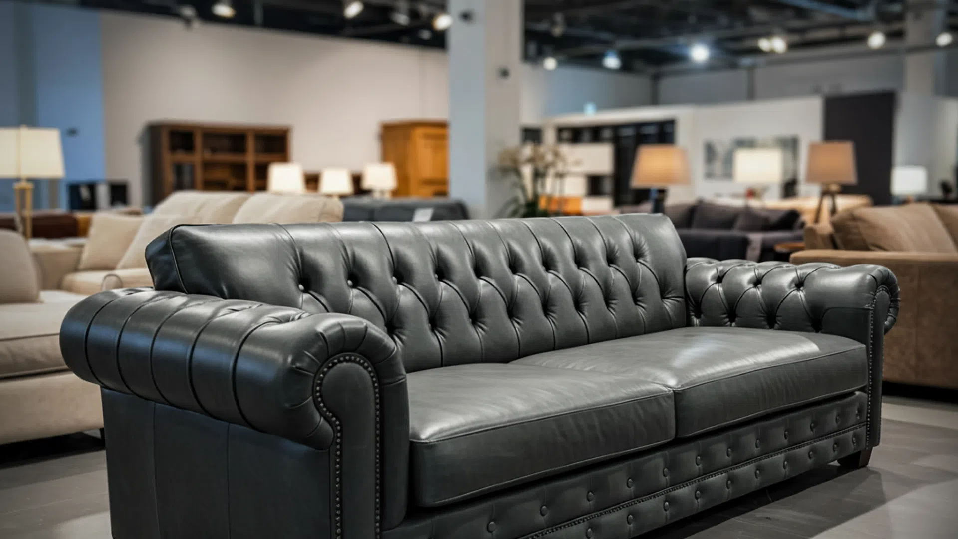 Элегантный кожаный диван Стильный черный кожаный диван с декоративной стежкой капитоне в мебельном салоне.