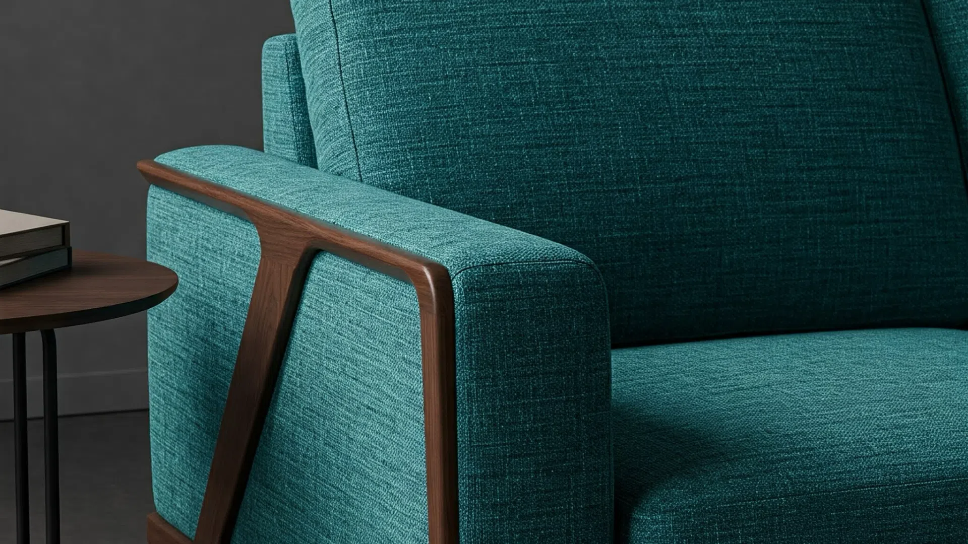 Крупный план современного дивана с деревянными элементами, демонстрирующий его стиль и прочность конструкции.