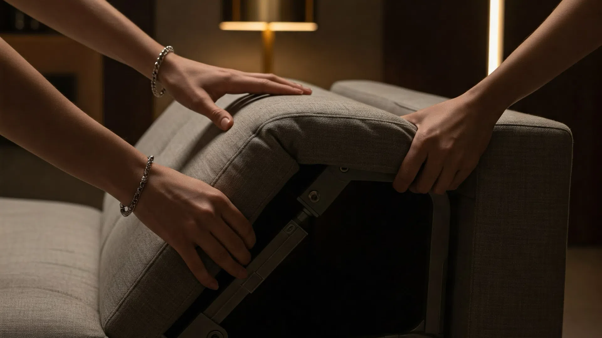 Девушки раскладывают серый диван, демонстрируя его механизм трансформации и простоту использования.