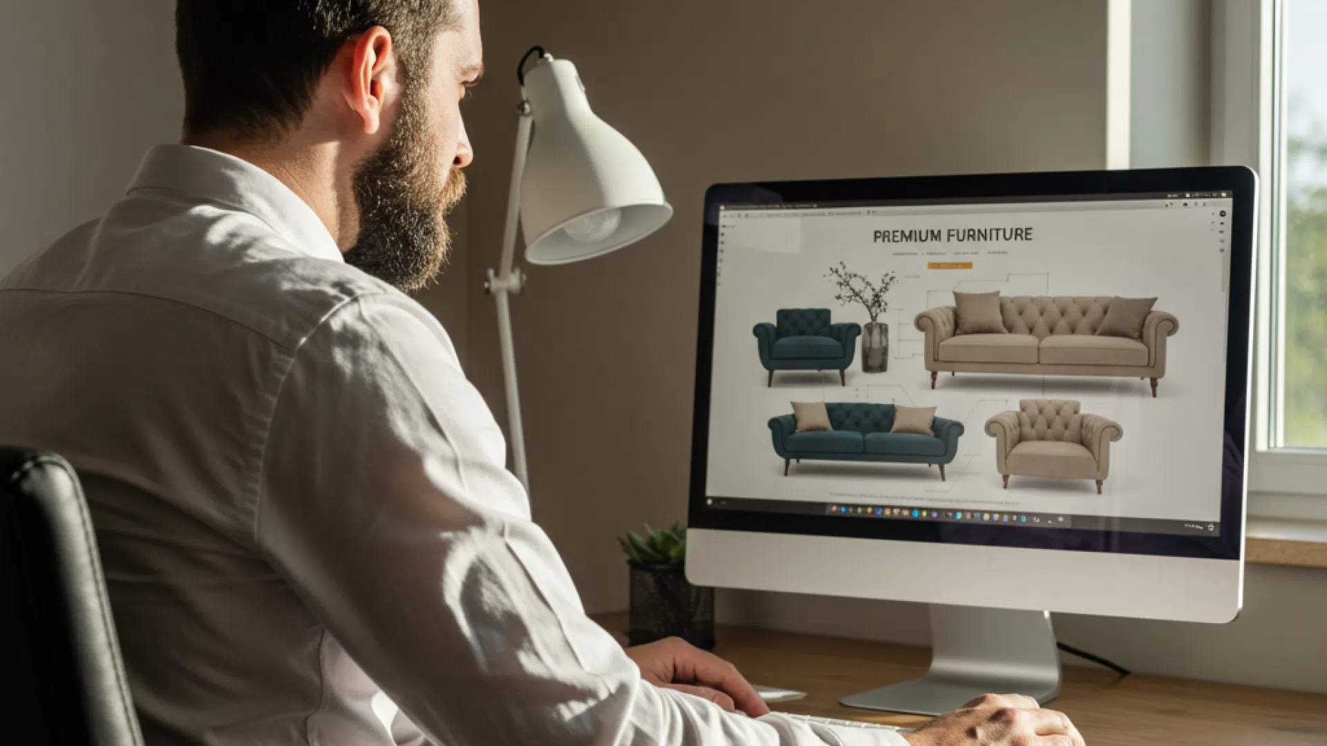 Поиск мебели онлайн Мужчина, сидя за компьютером, ищет мебель премиум-класса онлайн.