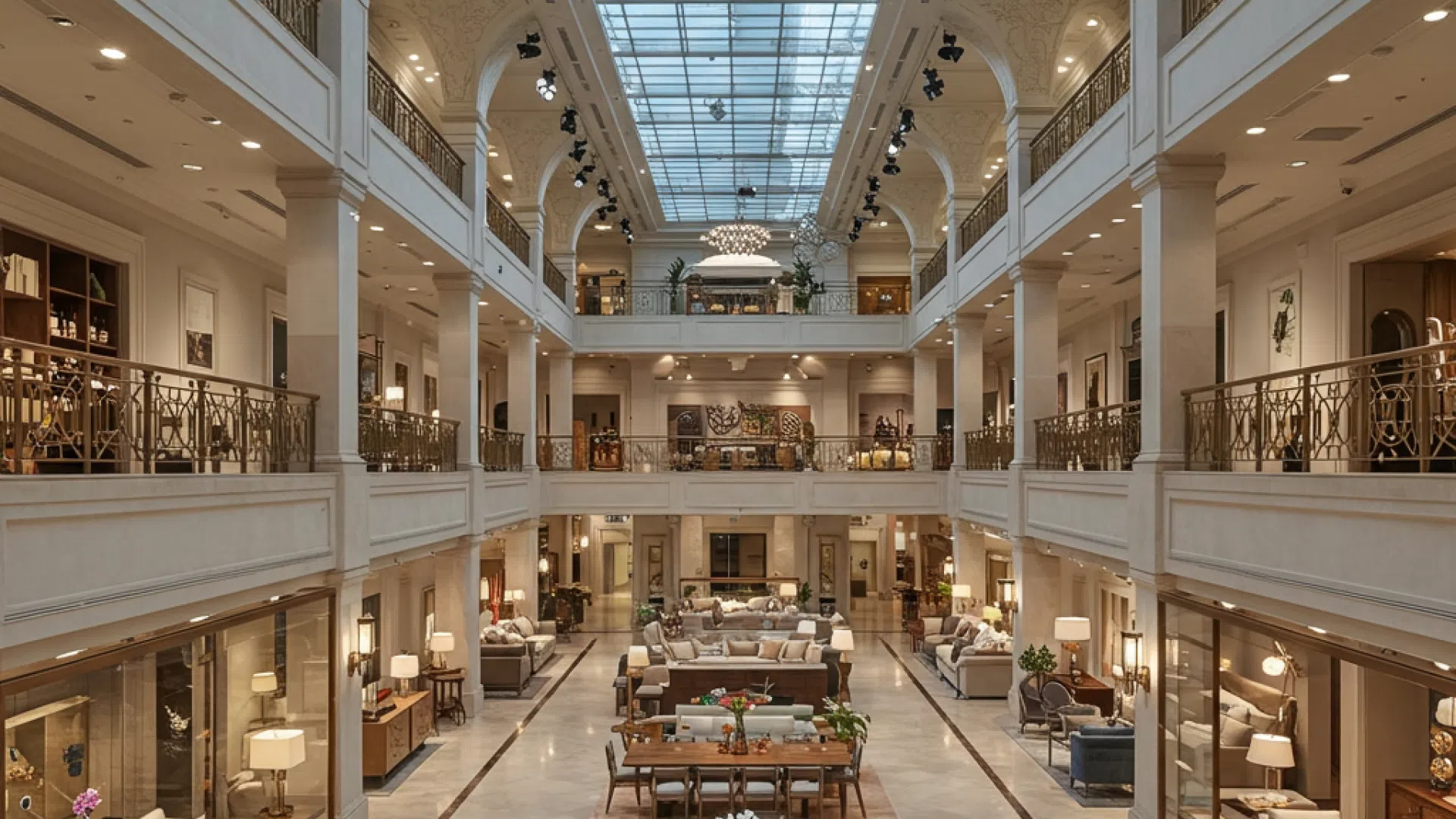 Панорамный вид на просторный, роскошный интерьер торгового комплекса мебели.