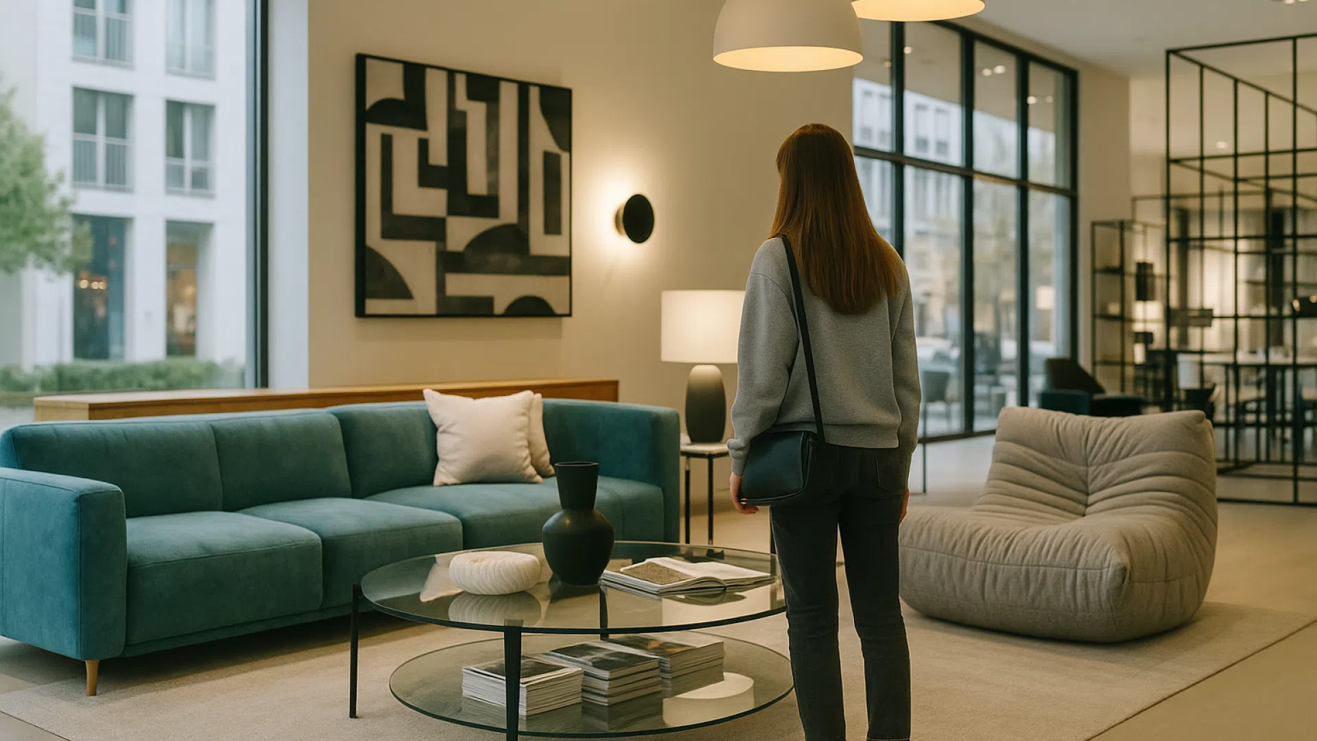 Просторный шоурум с предметами мебели премиум-класса для гостиной