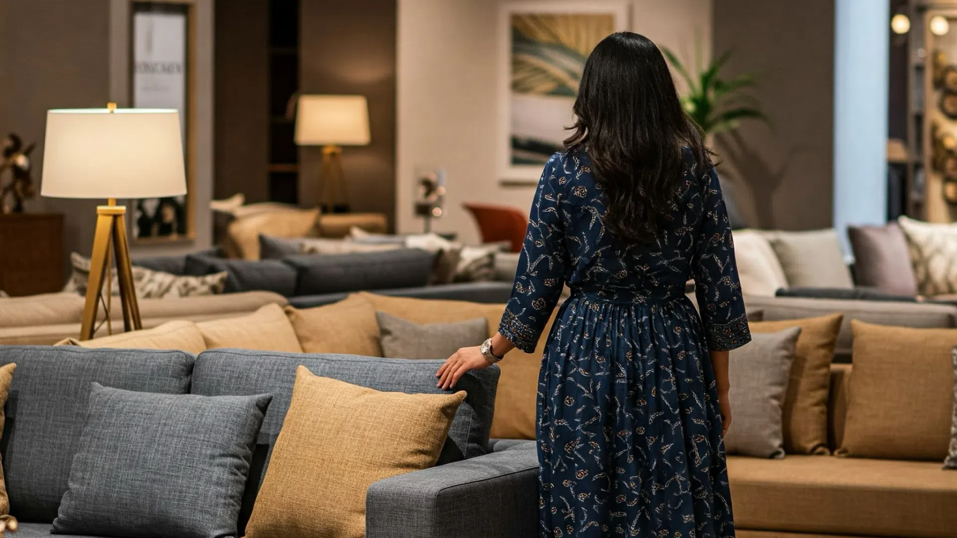 Женщина выбирает диван в мебельном магазине.