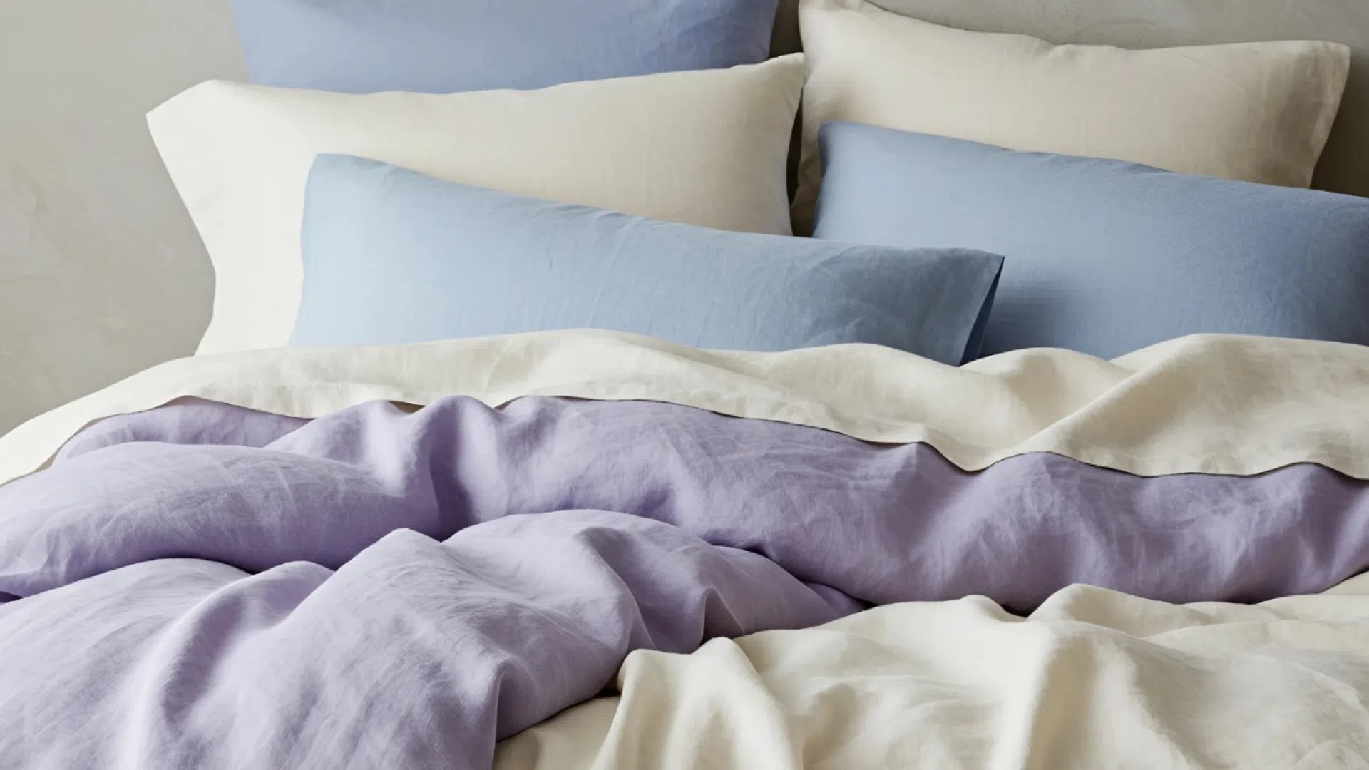 Льняное постельное белье в нежных пастельных оттенках.