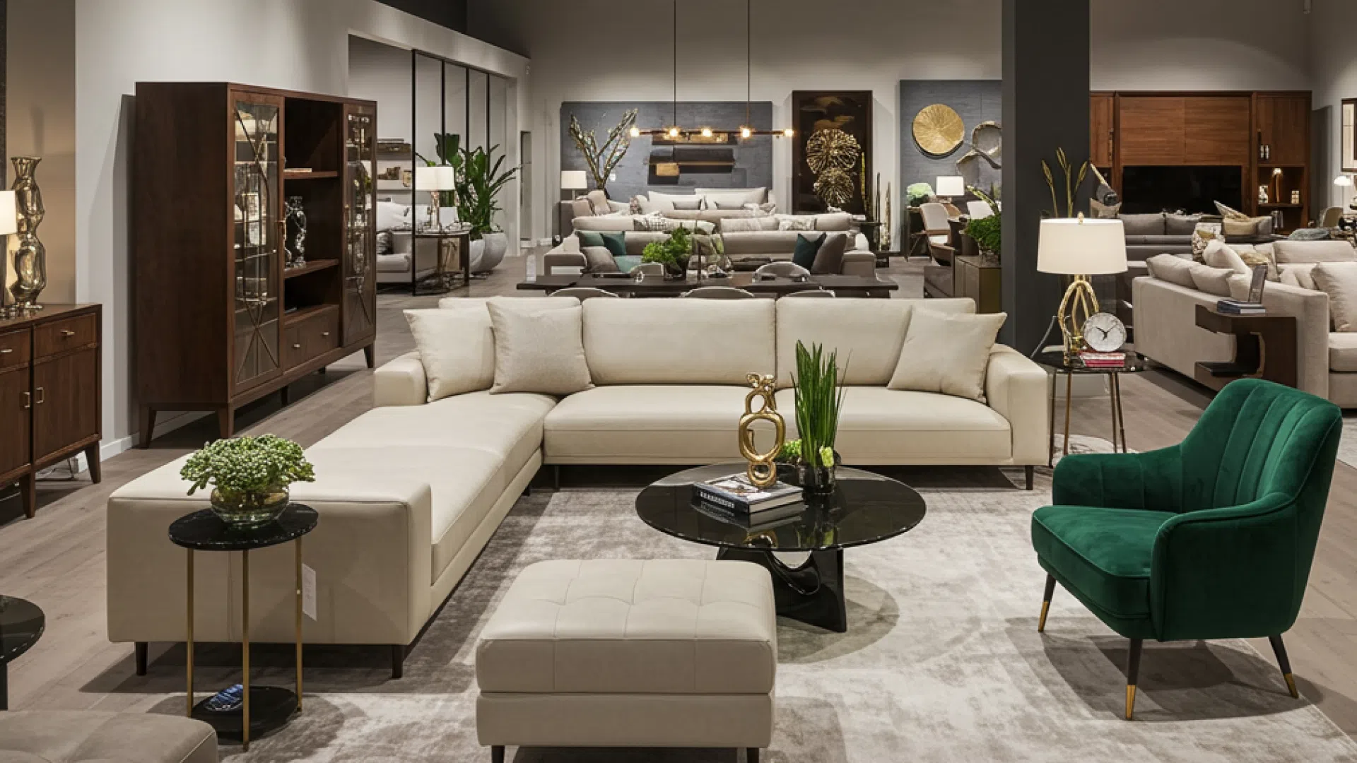 Шоурум премиум-класса с мебелью для гостиных Просторный шоурум с мягкой мебелью для гостиных премиум-класса.