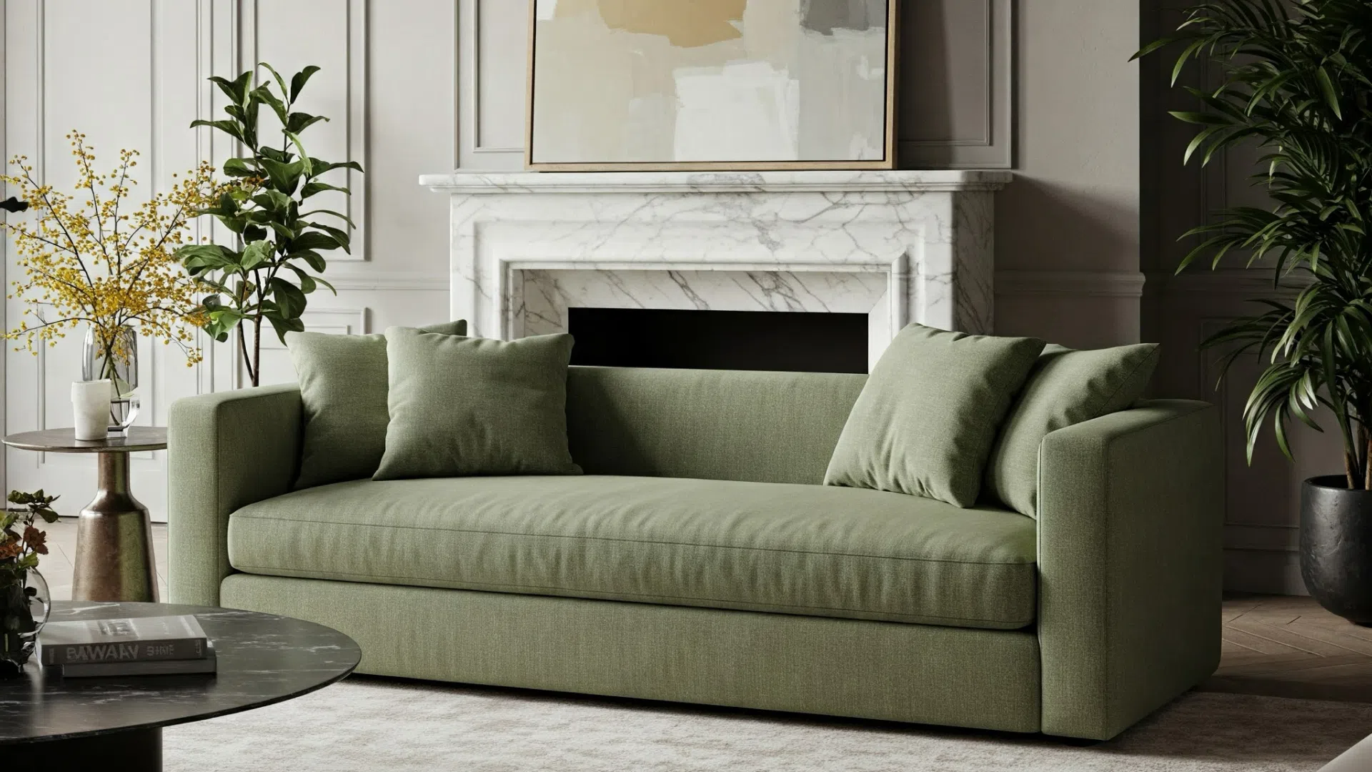 Стильный оливково-зеленый диван с мягкими подушками в современной гостиной.