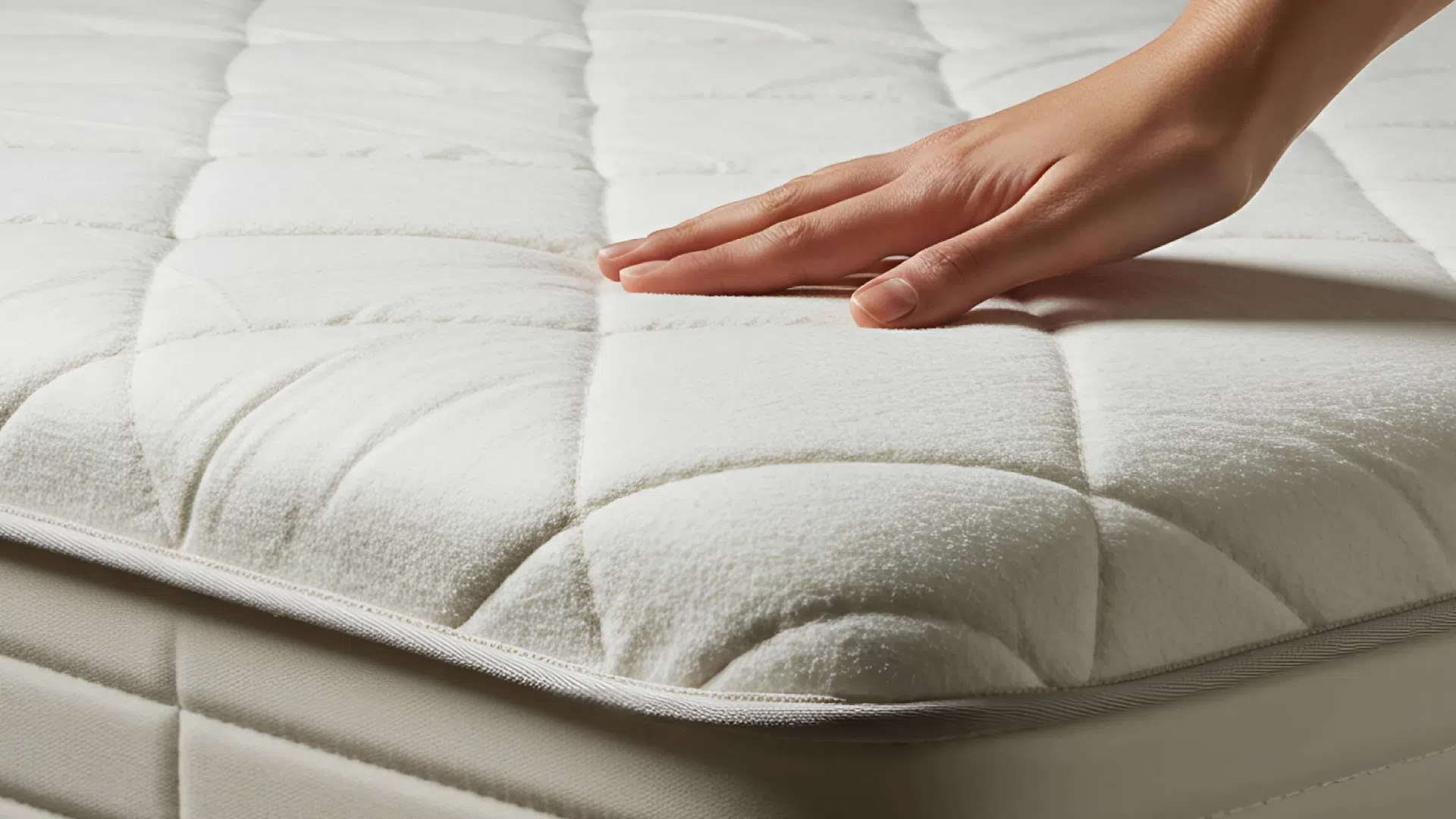 Рука касается поверхности мягкого белого стеганого матраса, демонстрируя его текстуру и комфорт.