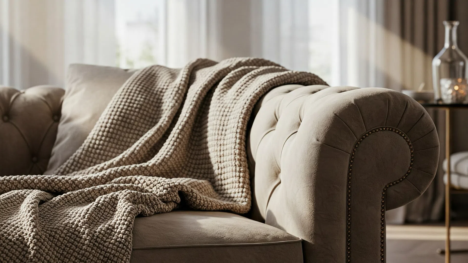 Уютный диван честерфилд с пледом Бежевый диван в стиле честерфилд с мягкой подушкой и вязаным пледом, небрежно накинутым на подлокотник.