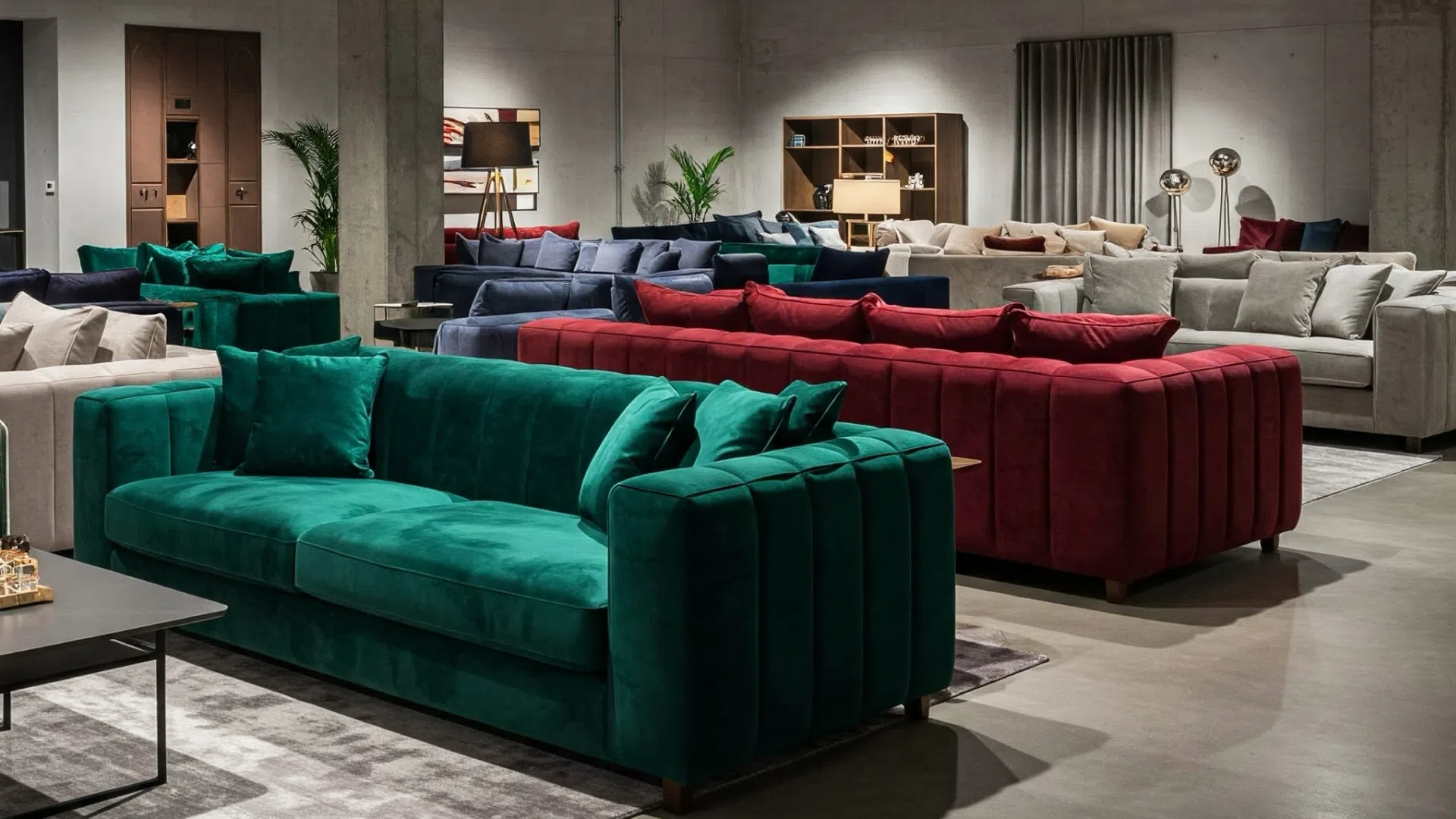 Интерьер мебельного шоурума с акцентом на разнообразие цветовой палитры диванов.