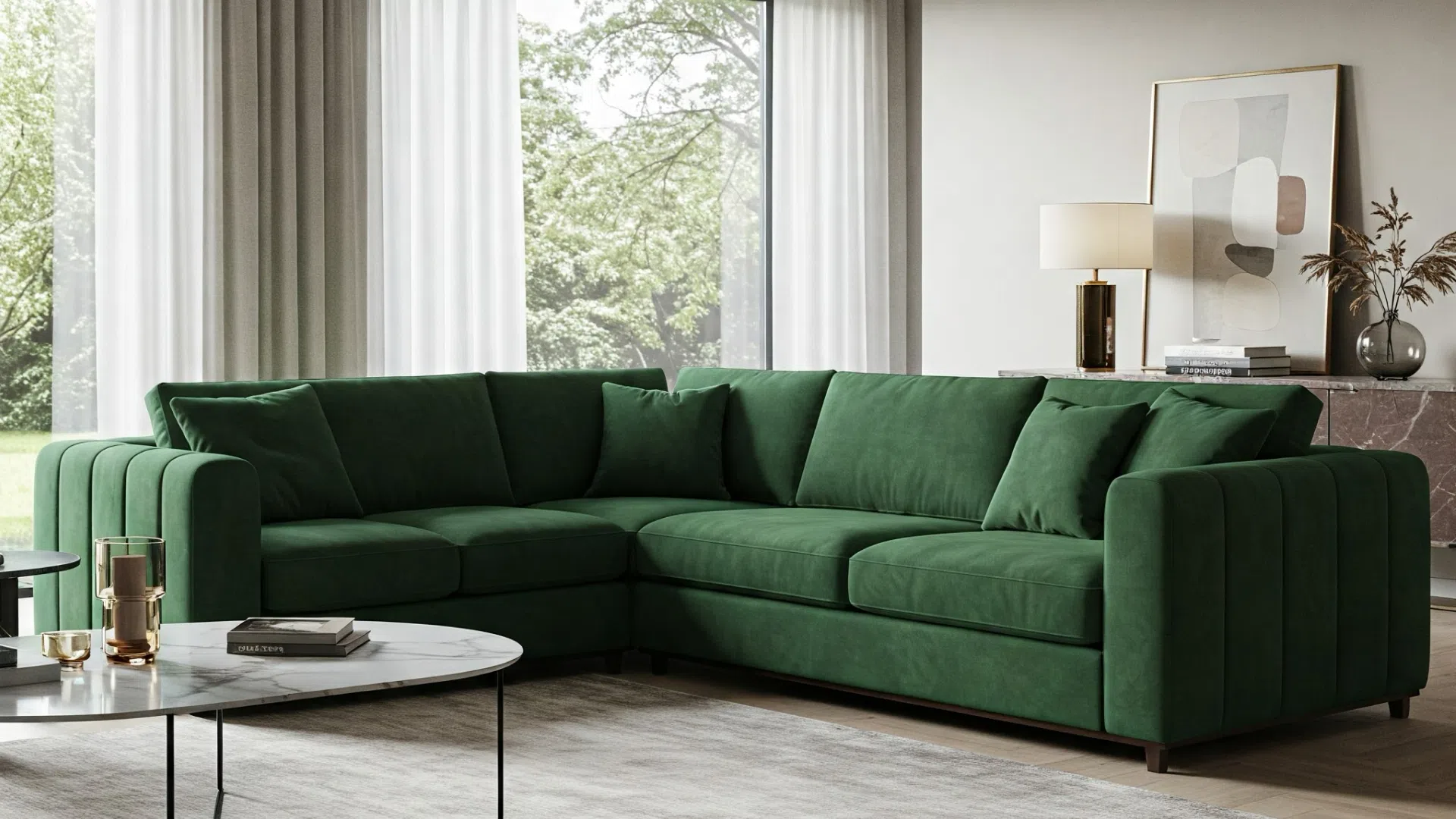 Уютный угловой диван насыщенного зеленого цвета с мягкими подушками, создающий уютную зону отдыха.