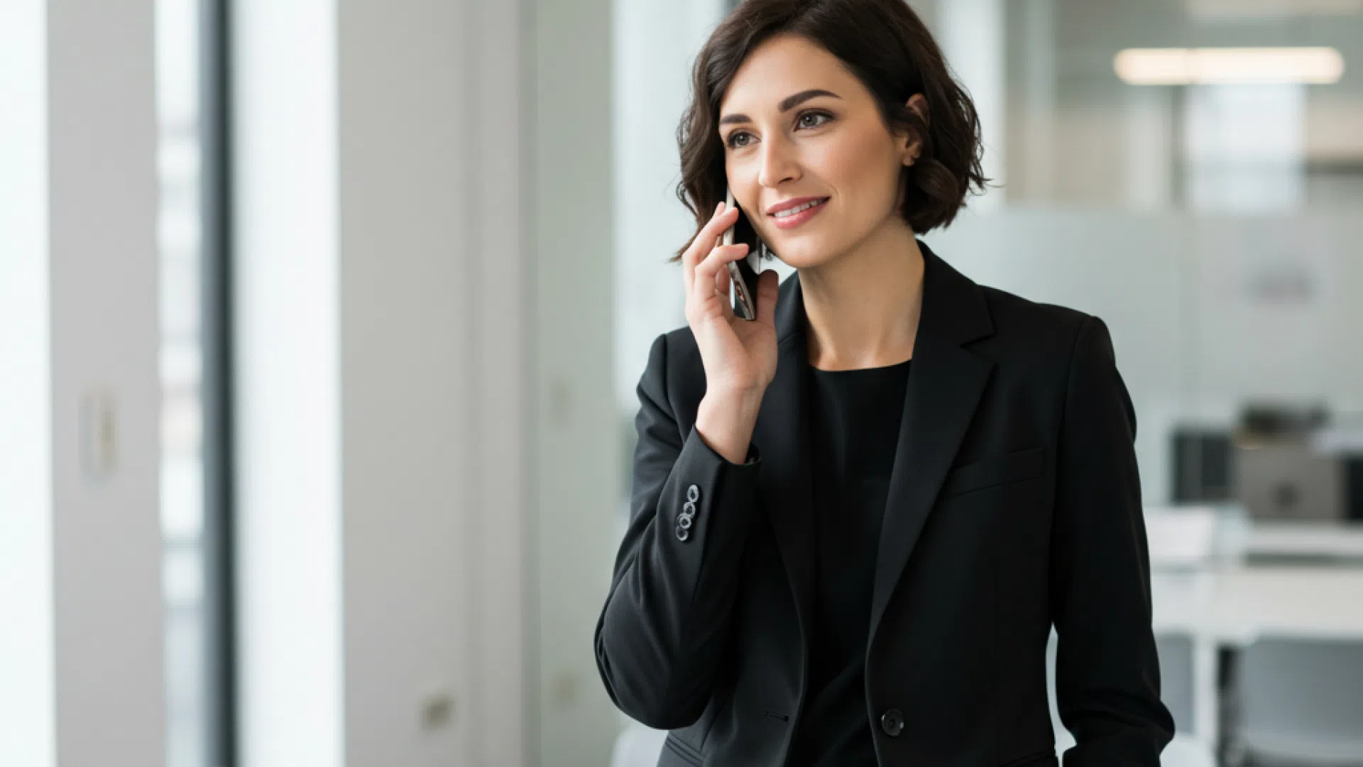 Девушка разговаривает по телефону Деловая девушка с короткими темными волосами разговаривает по мобильному телефону.