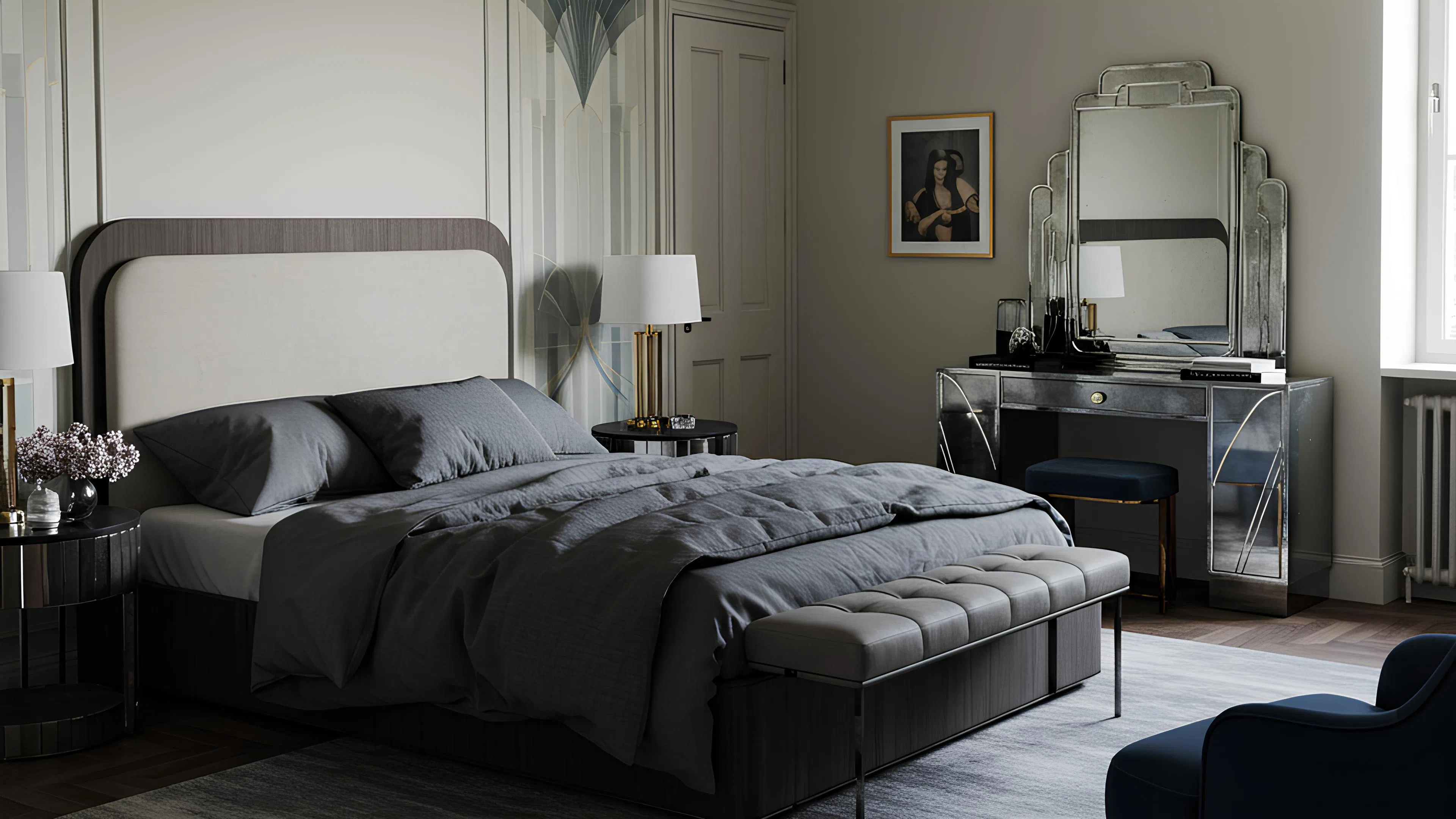 Роскошная спальня в стиле ар-деко Изысканная спальня в стиле ар-деко с большой кроватью с серой обивкой и светлым изголовьем.