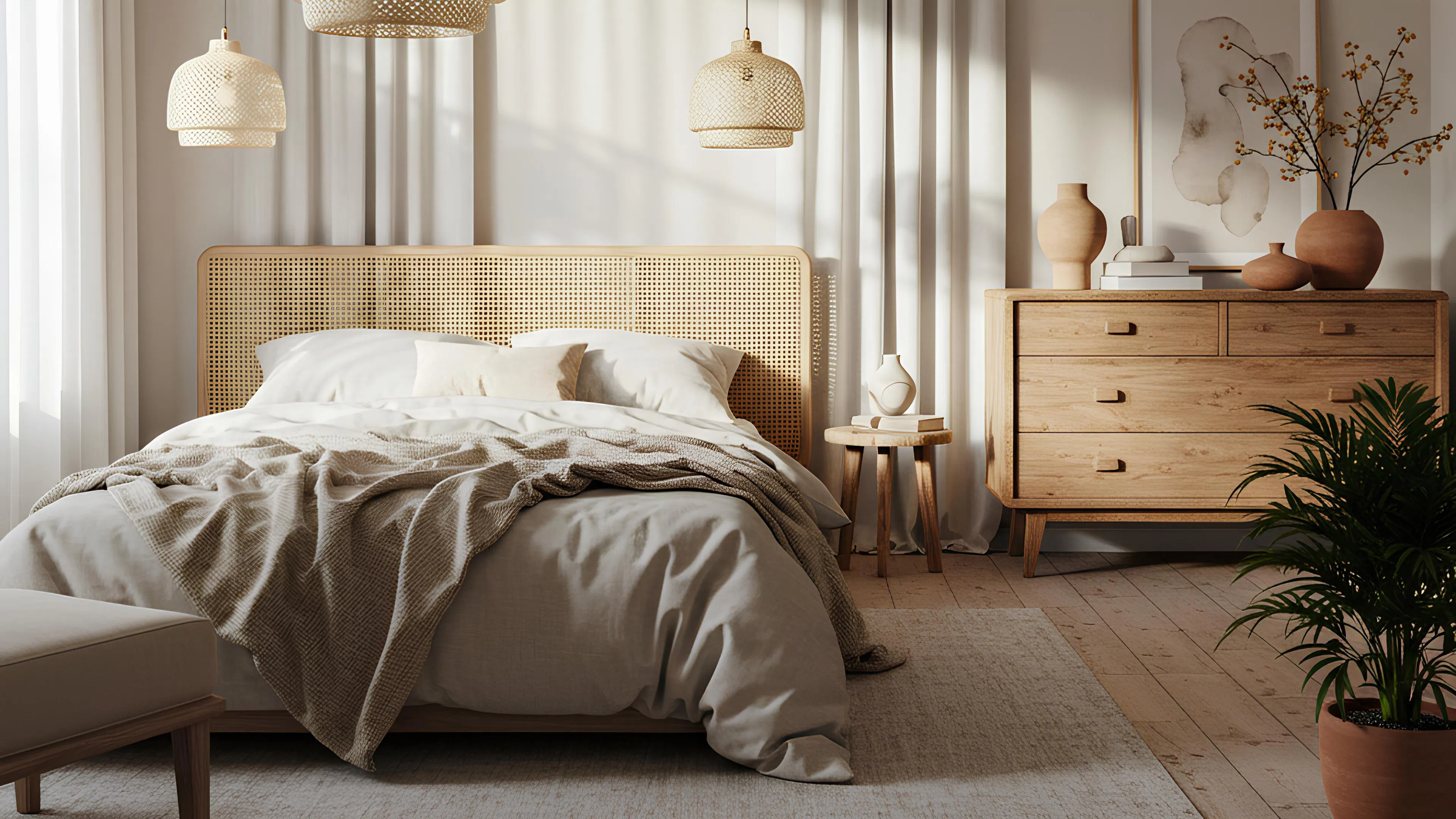 Светлая спальня в стиле ваби-саби с большой деревянной кроватью с плетеным изголовьем.